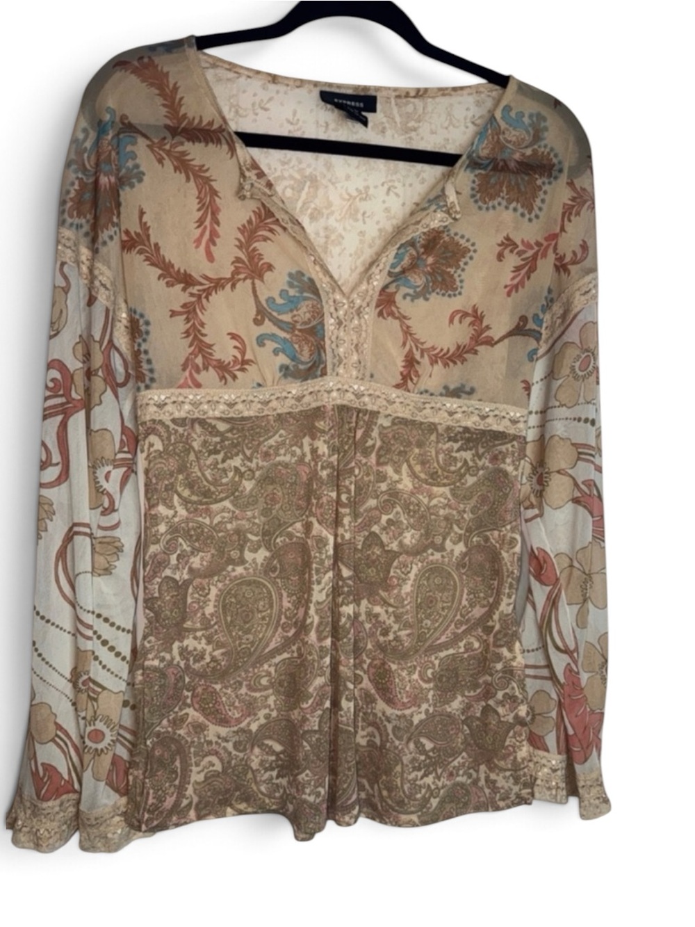 Y2K express fairy long-sleeve Beige Lace-Trim Tunic boho hippie‎ feminine